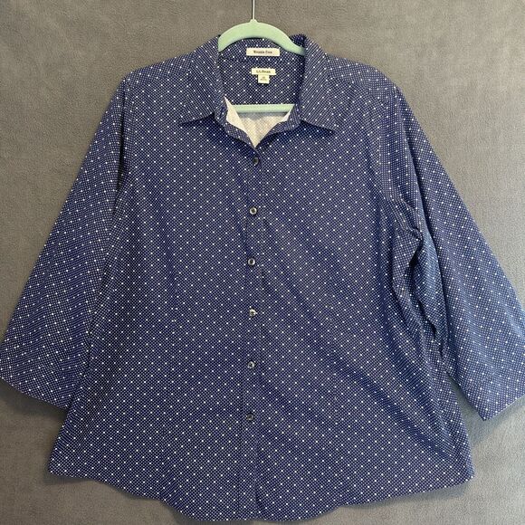LL Bean Wrinkle Free Button Up Shirt Womens Plus Size 1X Blue Printed Office - Picture 2 of 9